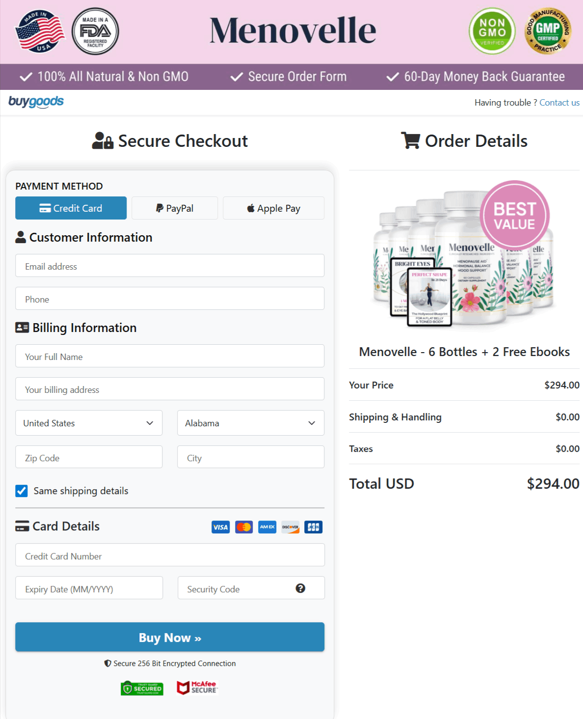 Menovelle Checkout page